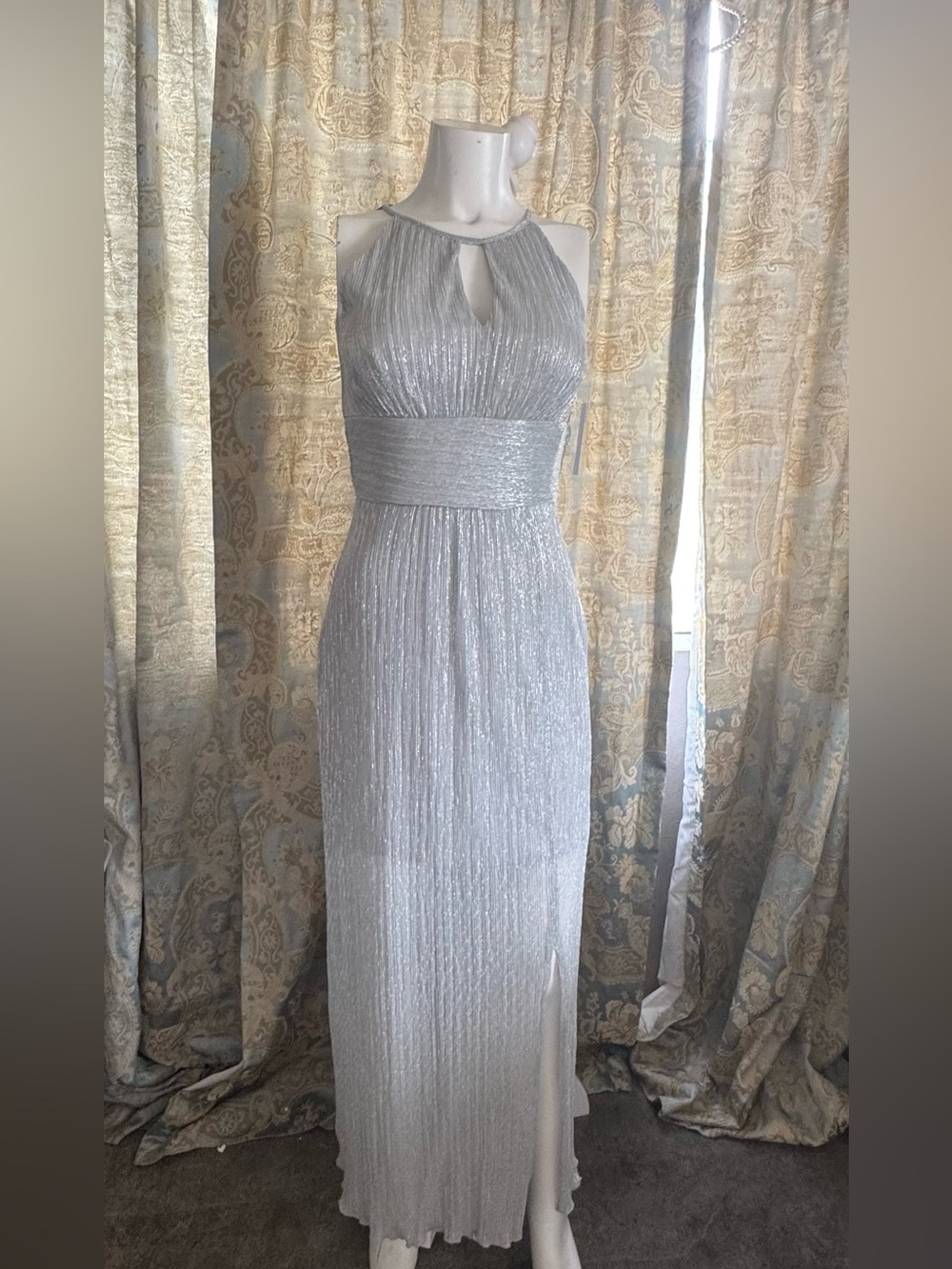 Enfocus Studio Silver Halter Pleated Maxi Dress